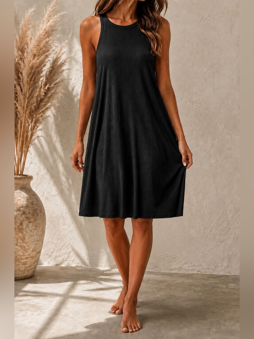 Falls Creek Black Ribbed Swing Midi Dress Sleeveless Casual Boho Size S